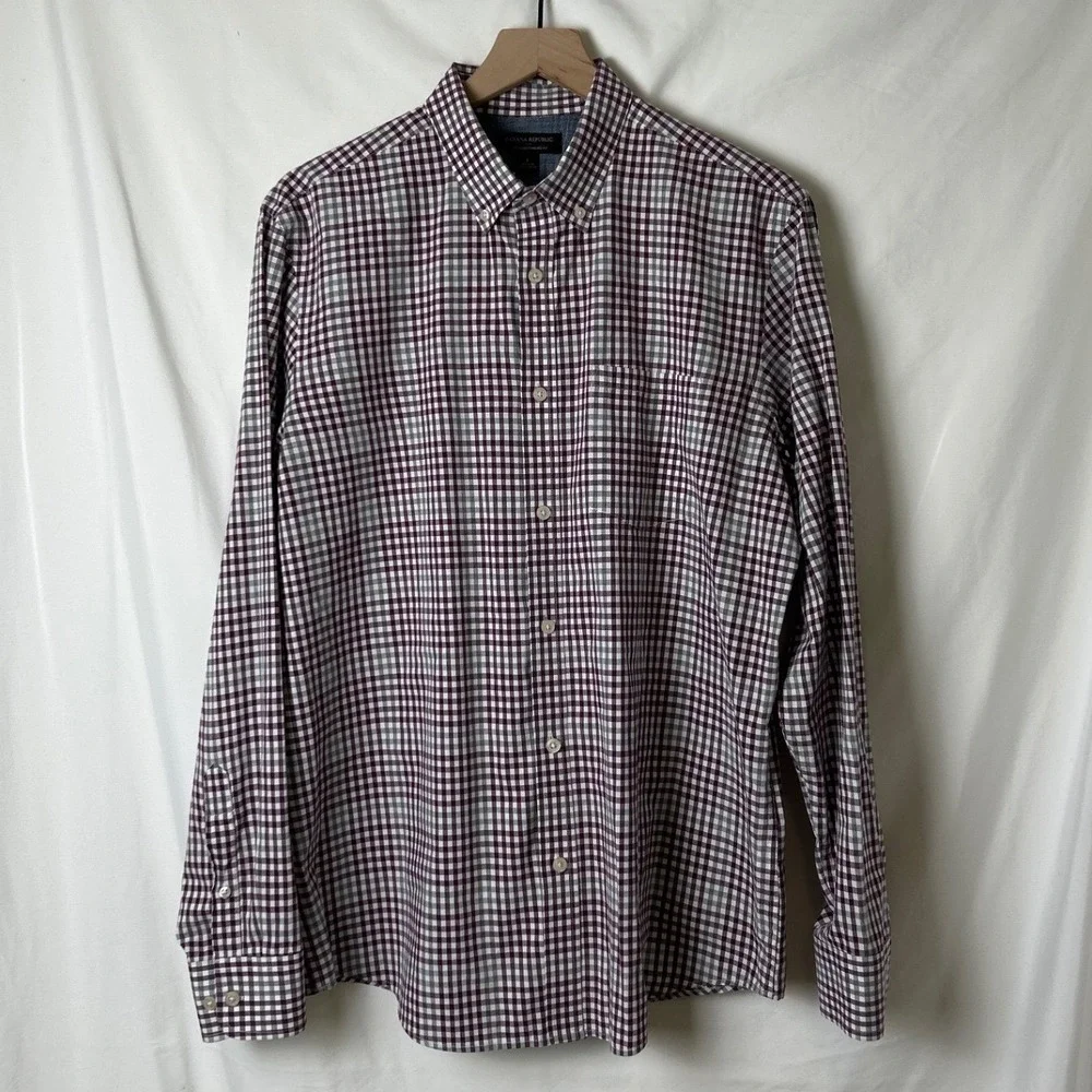 Banana Republic Men Soft Wash Standard Fit Gingham Shirt Size L Black White